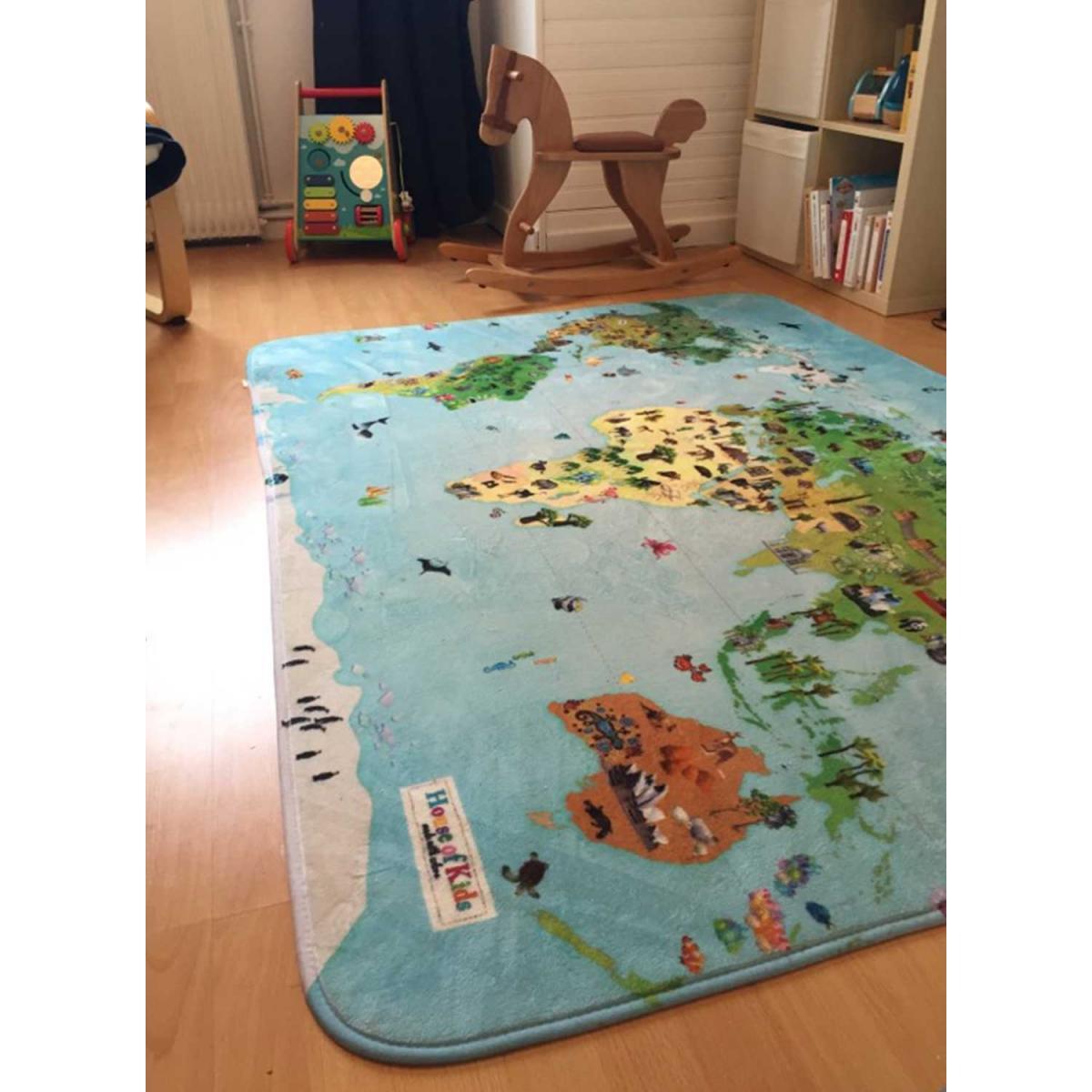 tapis chambre 70x95 tissé bleu rectangle motif enfant WORLD MAP