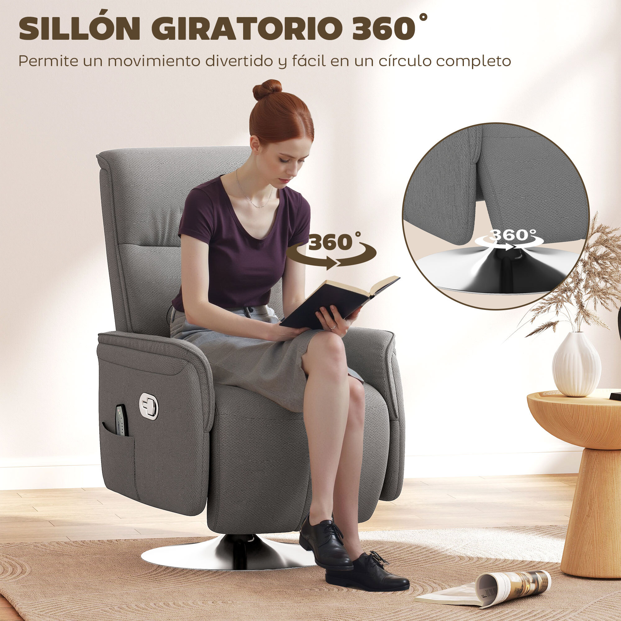 Sillón Relax Reclinable con Reposapiés Sillón de Masaje con 10 Puntos de Masaje Giratorio 360° Mando a Distancia Butaca Reclinable para Salón Oficina Gris