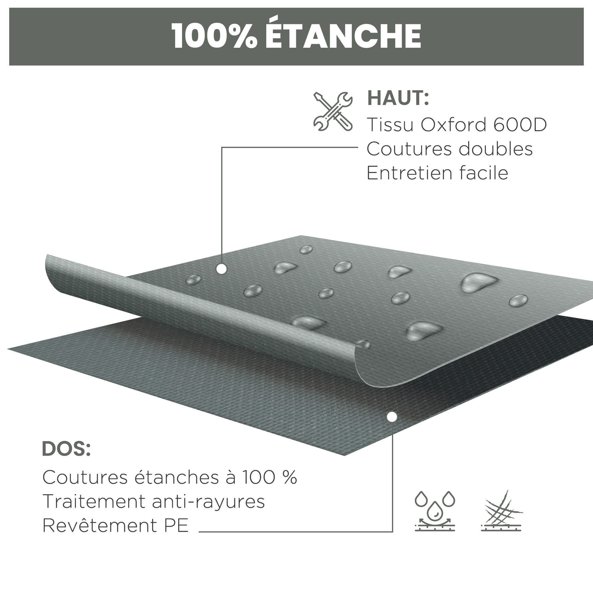 Housse de meubles de jardin imperméable tissu Oxford 600D gris