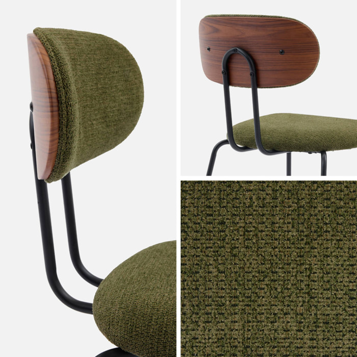 2 chaises décor bois courbé teinté noyer et tissu déperlant kaki. pieds métal noir mat - L 45 x P 55 x H 80cm - Erin