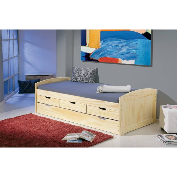 Letto con secondo letto estraibile e cassetti, 98 x 205 x 63, Rovere