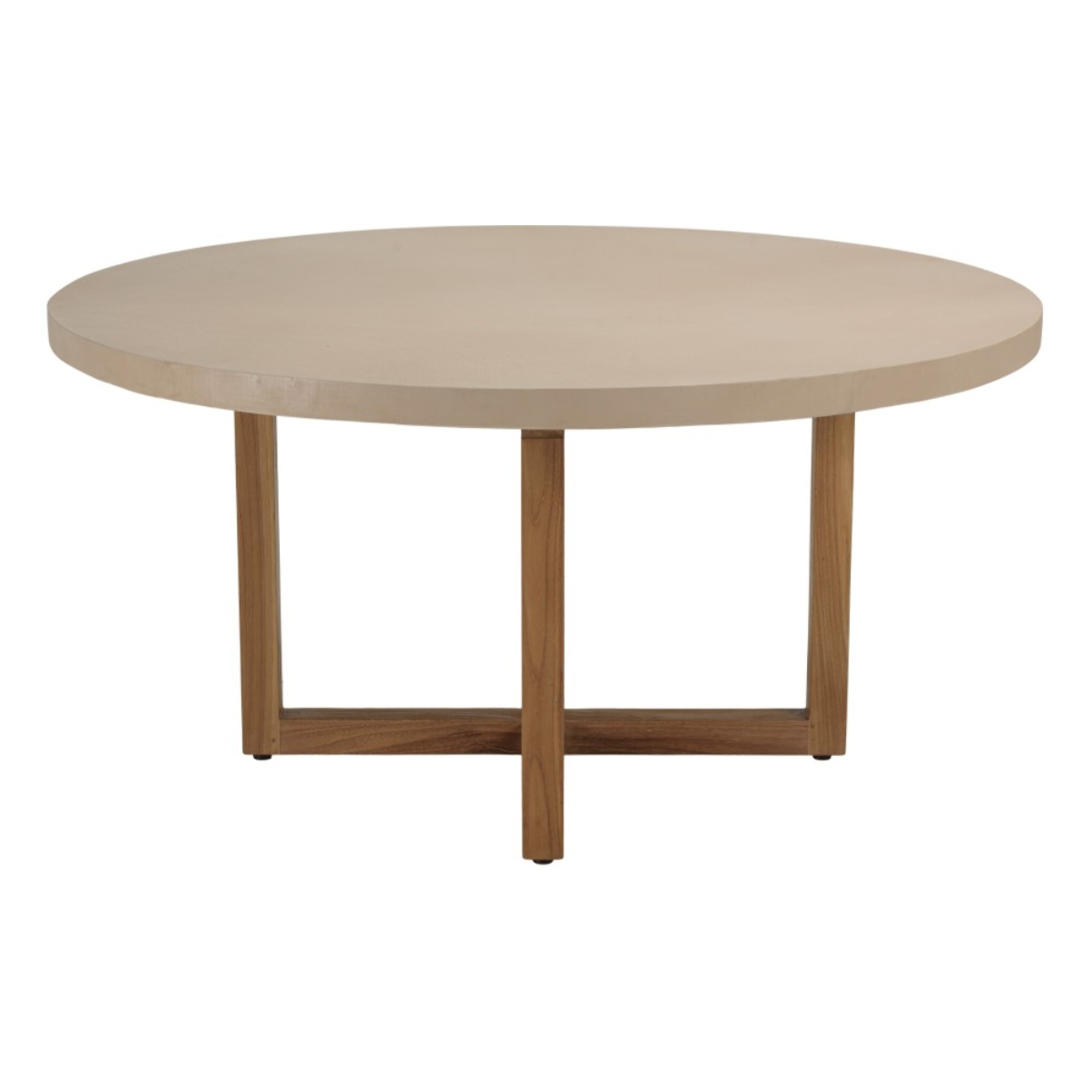 DAK - Table à manger ronde 153x153cm béton beige pieds croisés en teck