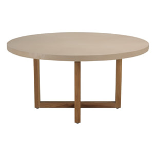 DAK - Table à manger ronde 153x153cm béton beige pieds croisés en teck