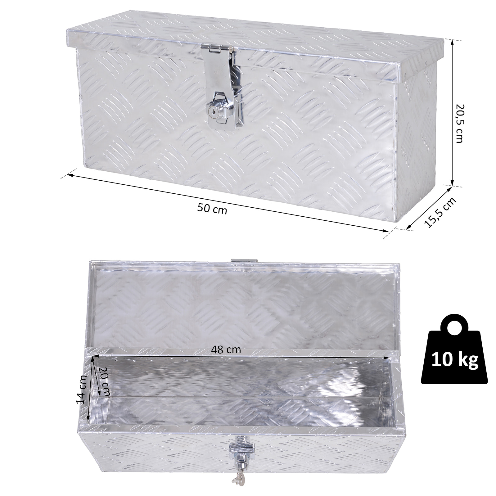 HOMCOM Boite de rangement - boîte à outils en aluminium - caisse à outil alu. verrouillage clé dim. 50L x 15,5l x 20,5H cm