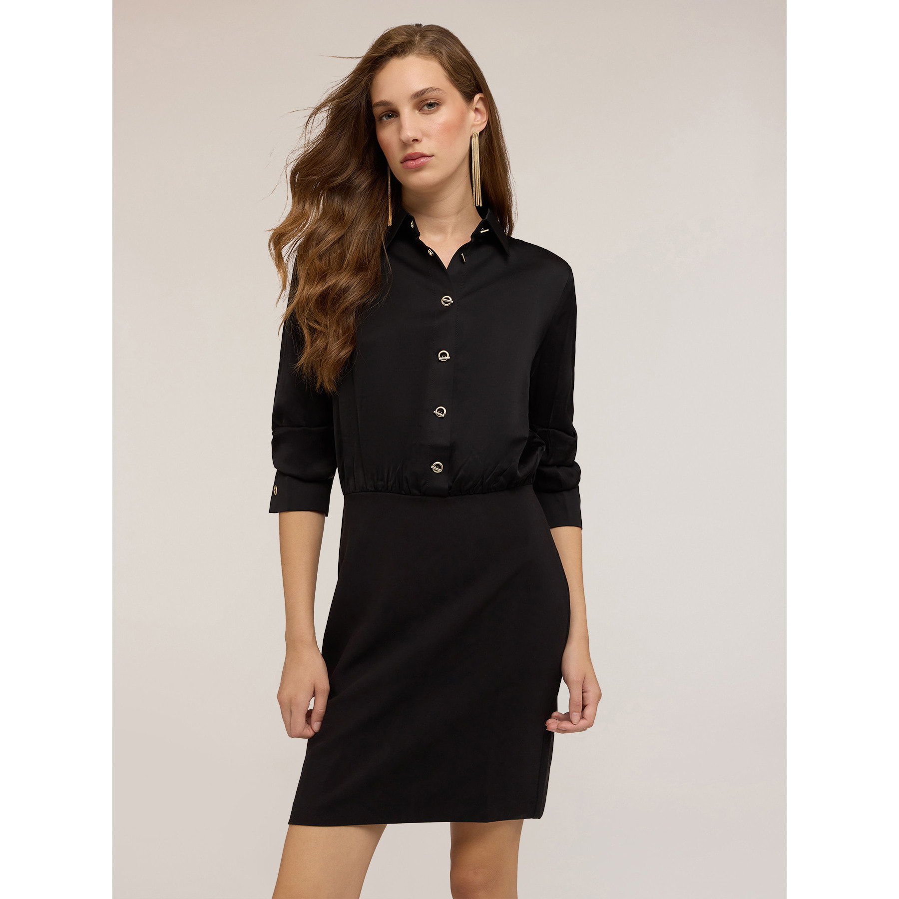 Motivi - Vestido camisero bimaterial - Negro