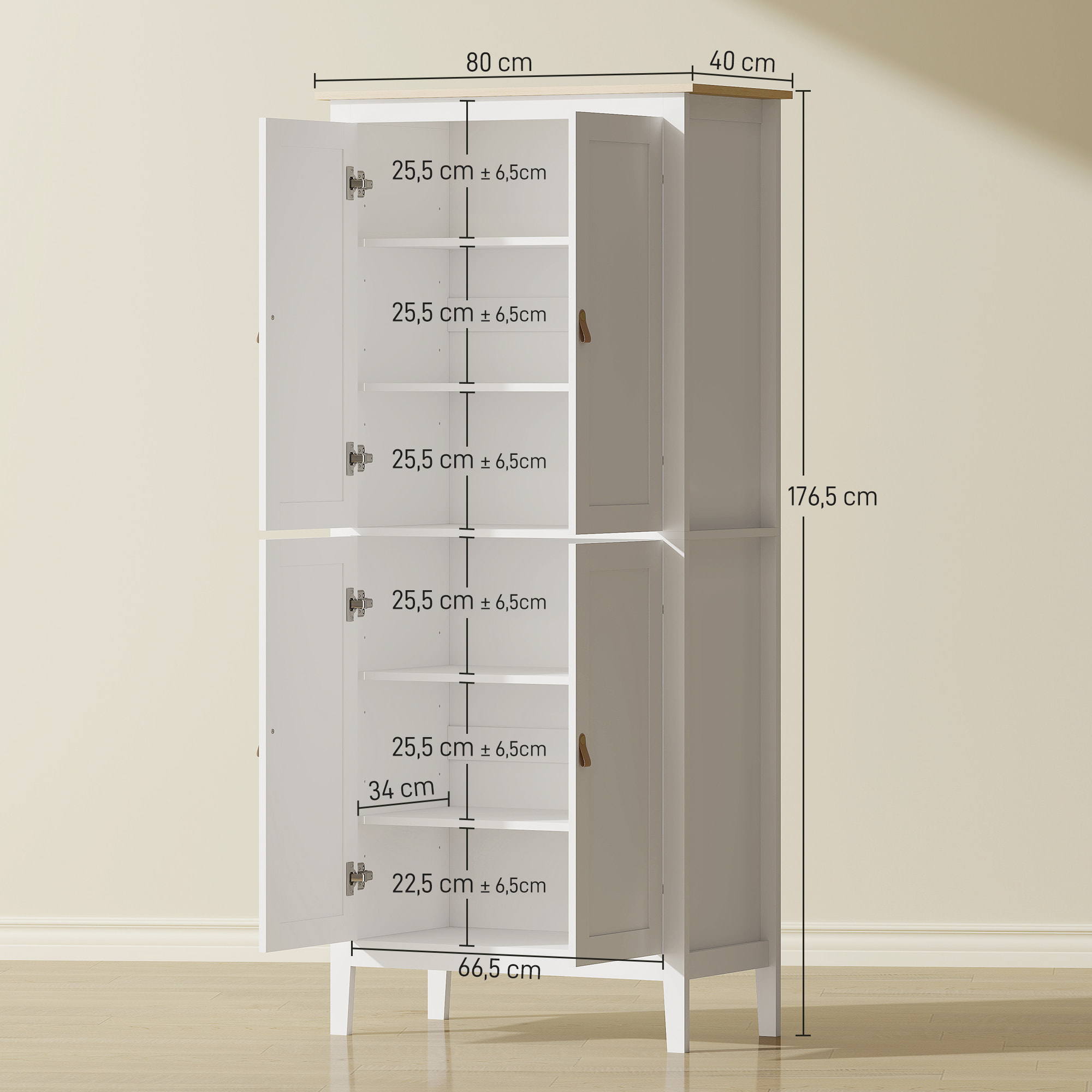 Armoire de cuisine LED - 4 portes, 6 niveaux - poignée bouton doré effet cuir MDF blanc effet bois
