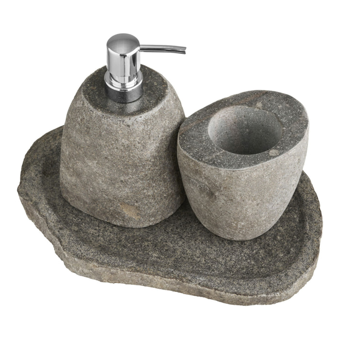 Set bagno Gara in pietra riverstone — dispenser, portaoggetti e vassoio