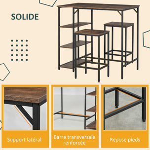 Ensemble table de bar 3 étagères 2 tabourets style industriel métal noir aspect vieux bois veinage