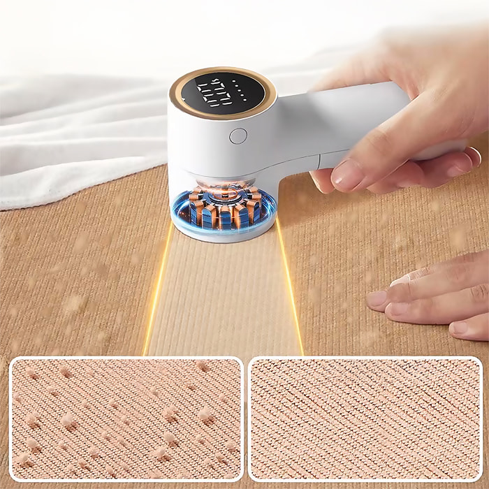 Rimuovi pelucchi compatto per la casa, con batteria integrata, schermo LED con indicatore di batteria e 5 livelli di potenza.