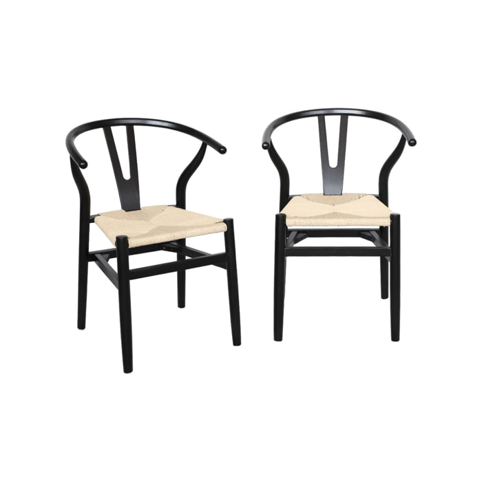 Lot de deux chaises vintage noires en bois d'hévéa avec assise en cordes et dossier arrondi