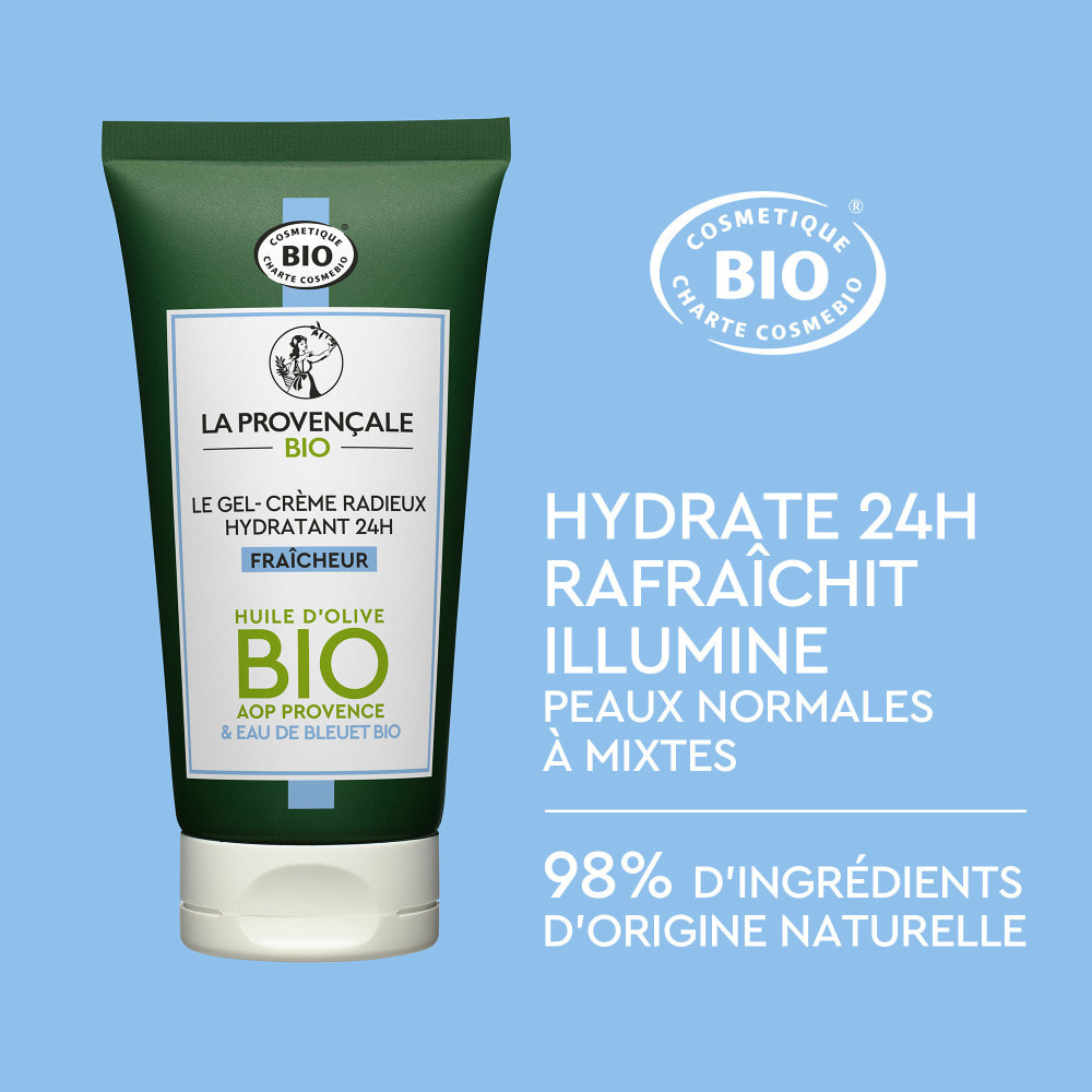 La Provençale - Gel-Crème Radieux Booster d'Hydratation 24H Anti-brillance - Extrait d'Olive & Eau de Bleuet - Tous types de pea