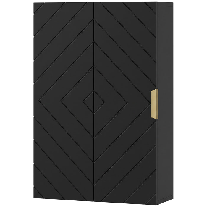Armoire murale de salle de bain - porte, 2 étagères - poignée métal doré MDF noir