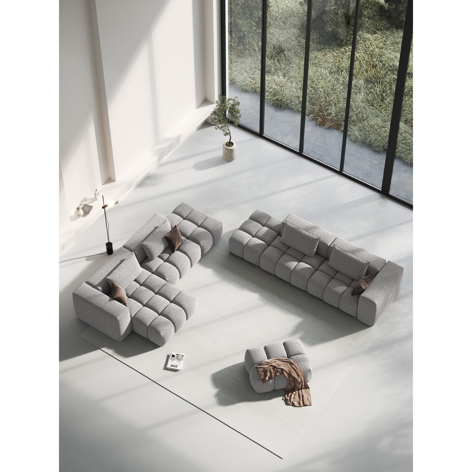 Canapé d'angle gauche modulable "Lorella" 4 places en tissu structurel beige foncé