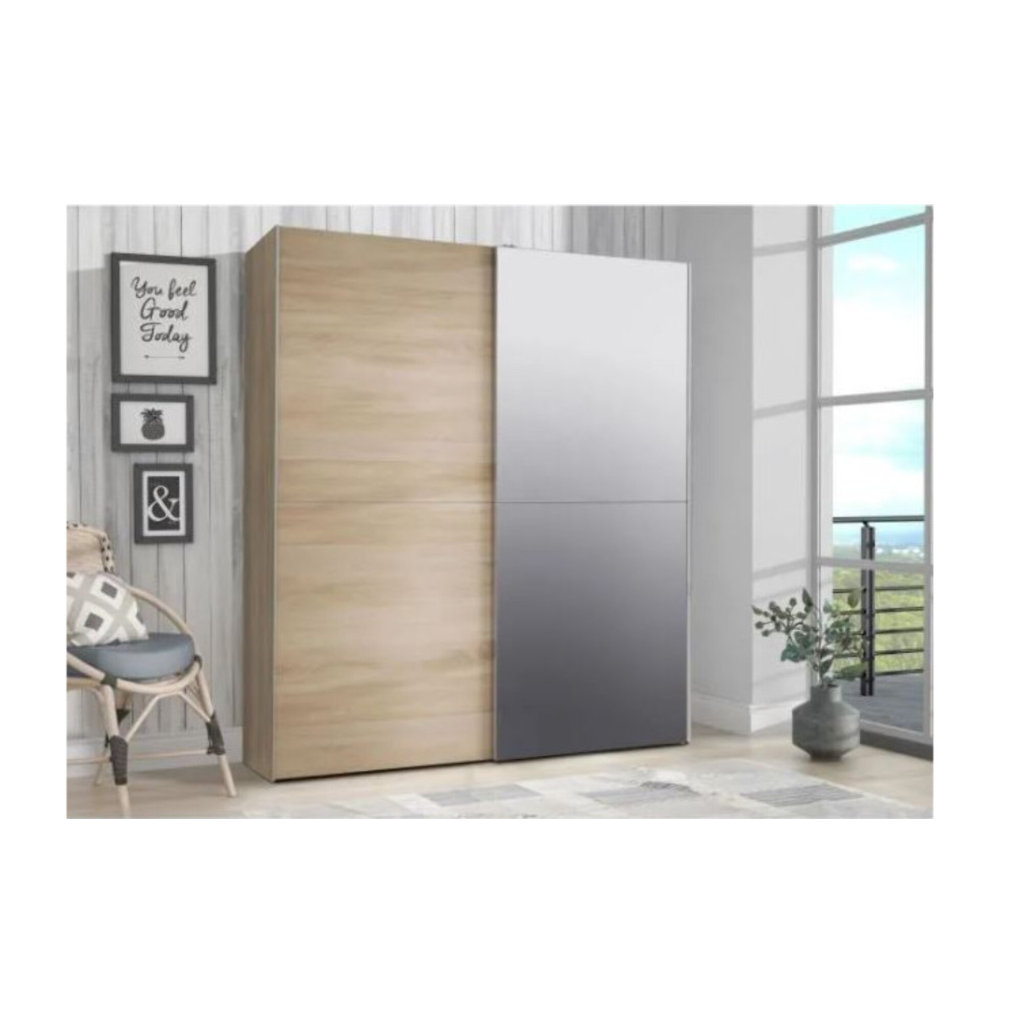 Dressing Armoire 2 portes coulissantes 5 tablettes et 1 miroir - 6 coloris - THAIS