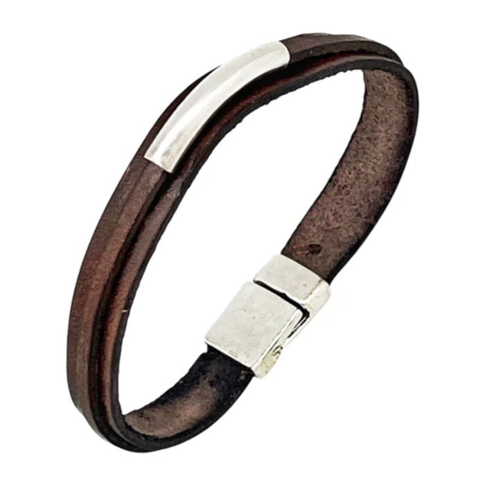 Pulsera Montana con tubo plata chapado cuero ecológico marrón