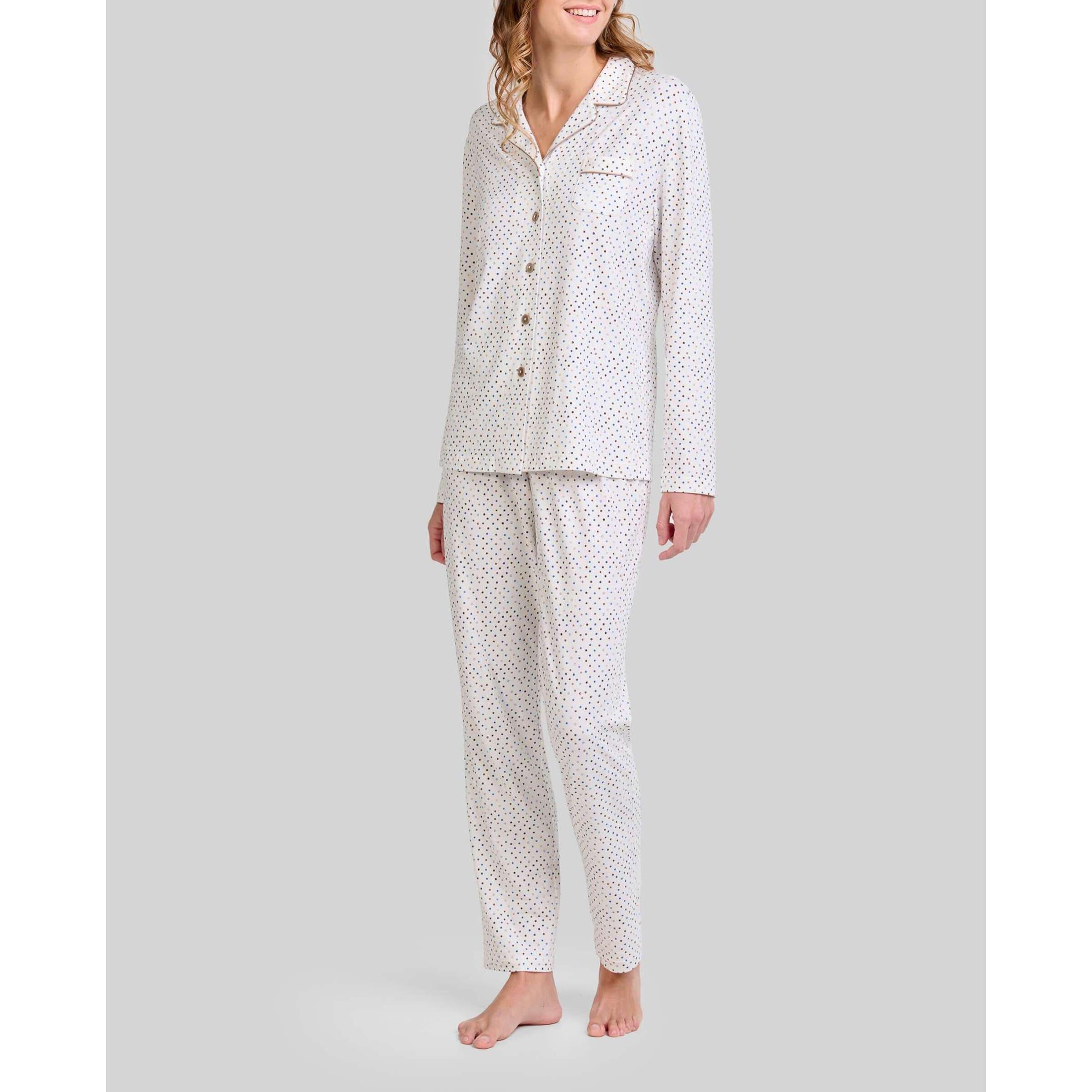 Pijama mujer estampado abierto con botones, clásico cuello de solapa con vivo, cómoda manga larga y pantalón largo