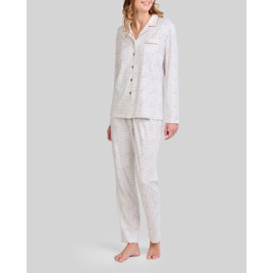 Pijama mujer estampado abierto con botones, clásico cuello de solapa con vivo, cómoda manga larga y pantalón largo