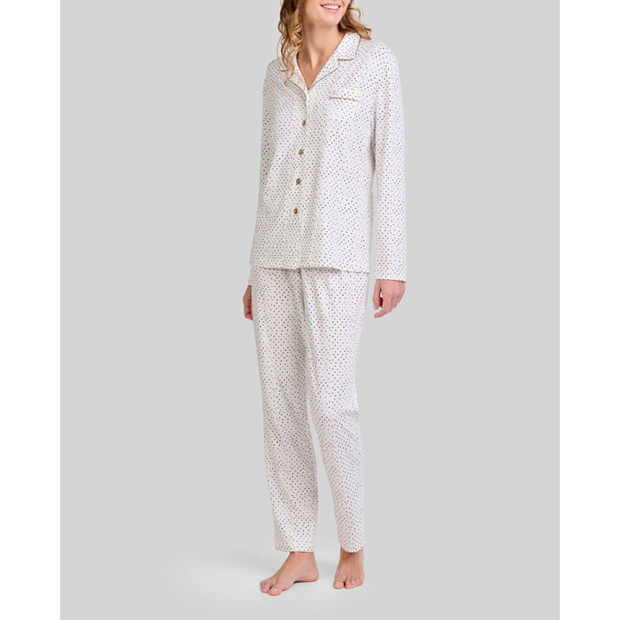 Pijama mujer estampado abierto con botones, clásico cuello de solapa con vivo, cómoda manga larga y pantalón largo
