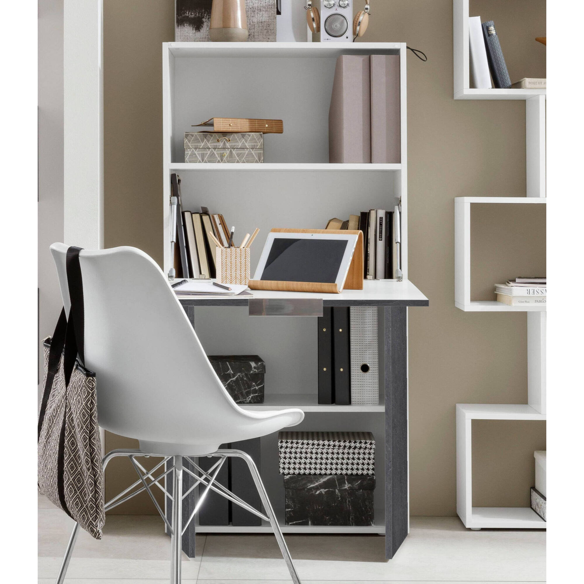 Scrivania Dcambiagh, Mobile multiuso con scaffali e piano da lavoro, Tavolo multiuso per ufficio, Scrivania salvaspazio multi posizione, 100% Made in Italy, cm 70x35h140, Bianco e Ardesia