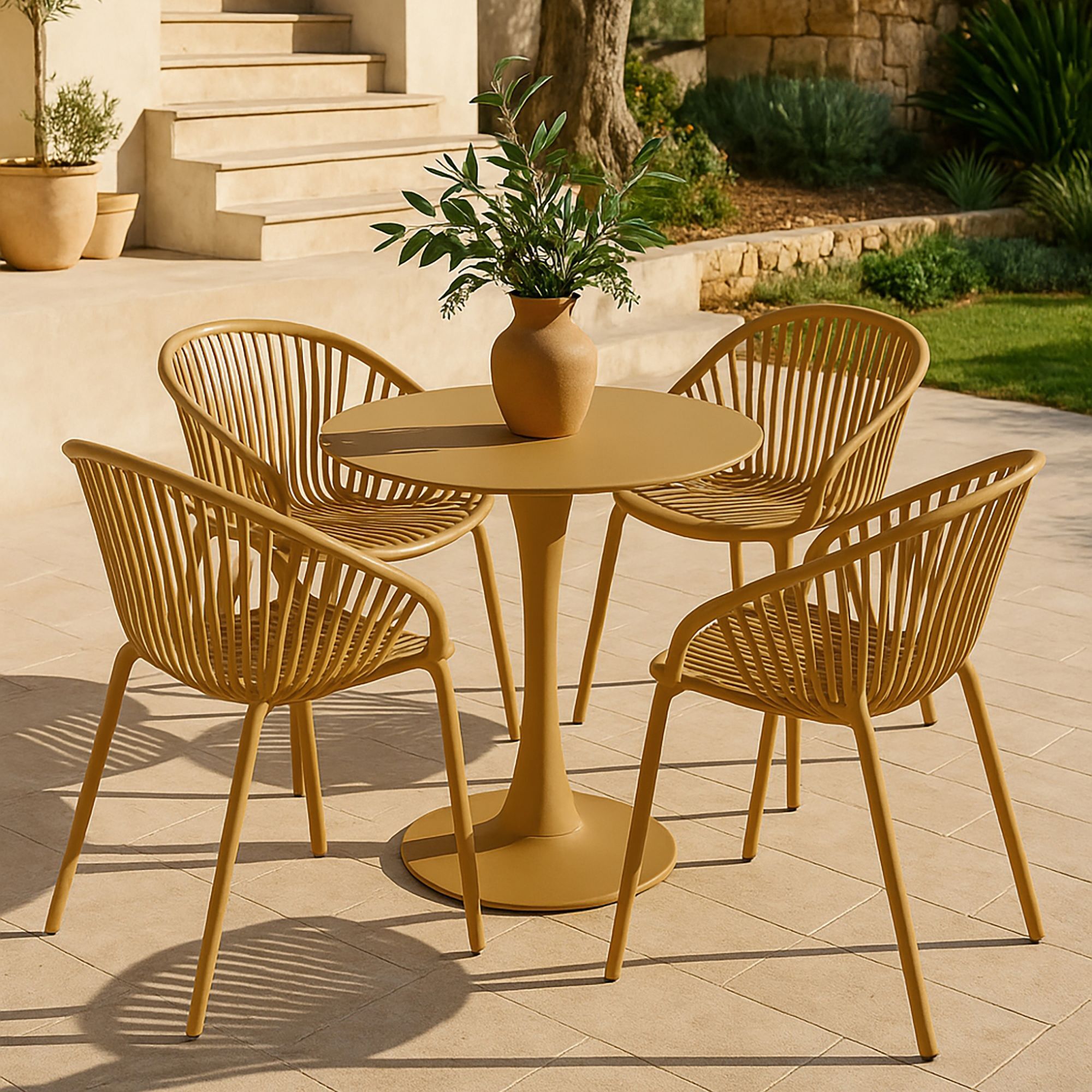 Lot de 4 fauteuils de table extérieur en polypropylène et métal ocre CALYPSO