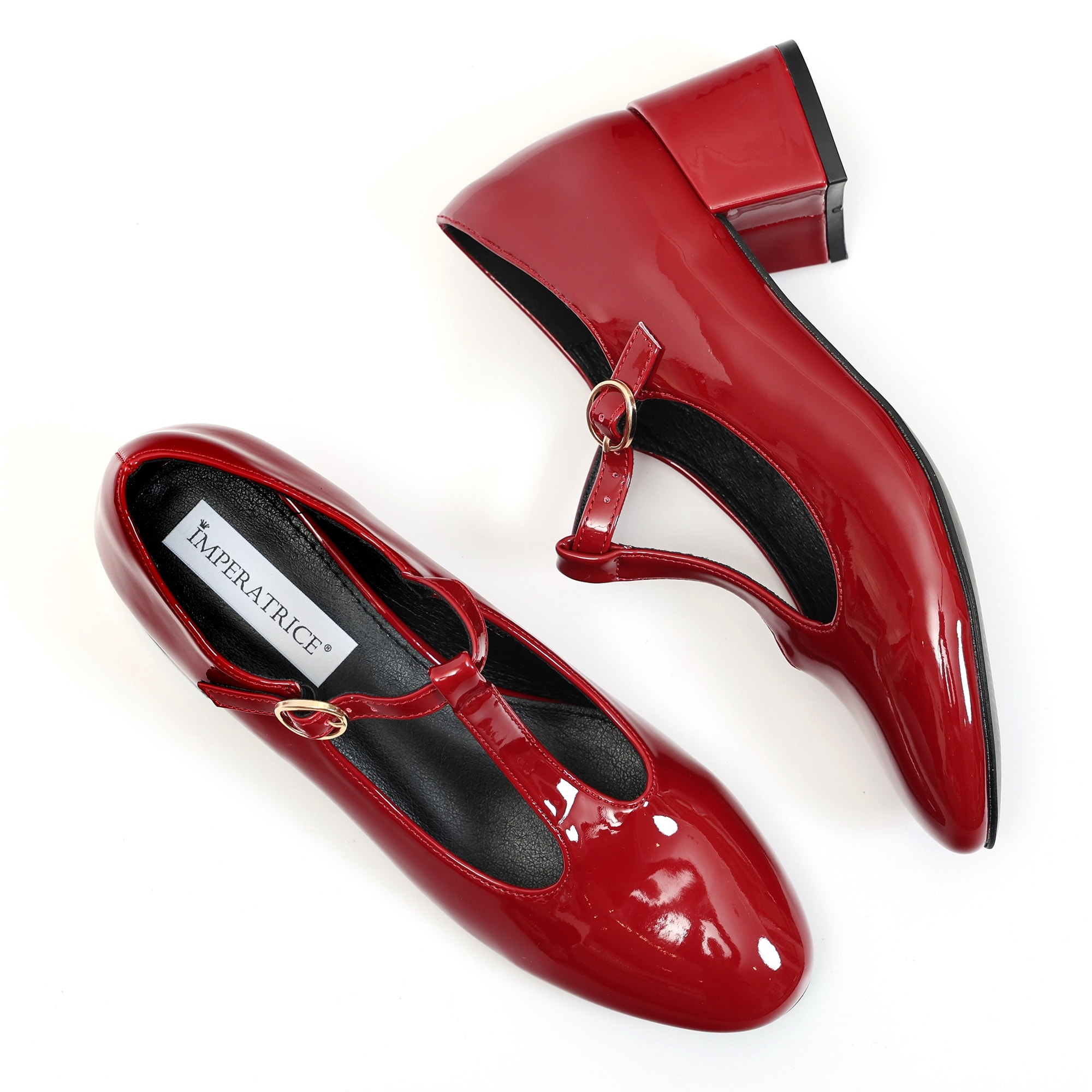 Dècolletè in simil pelle verniciata con tacco basso quadrato