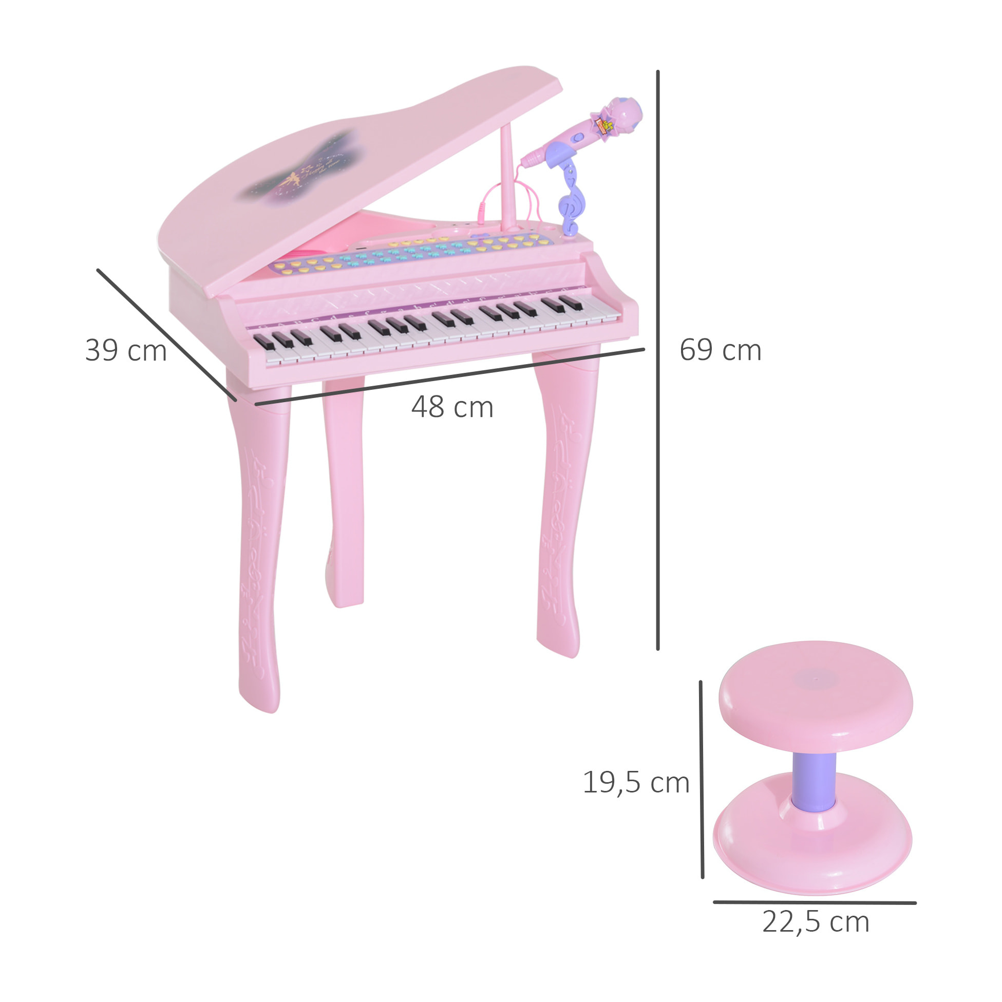 Piano Infantil 37 Teclas Teclado Electrónico Juego de Piano con Micrófono Taburete Luces y 22 Canciones USB/MP3 Karaoke Modo de Enseñanza Rosa