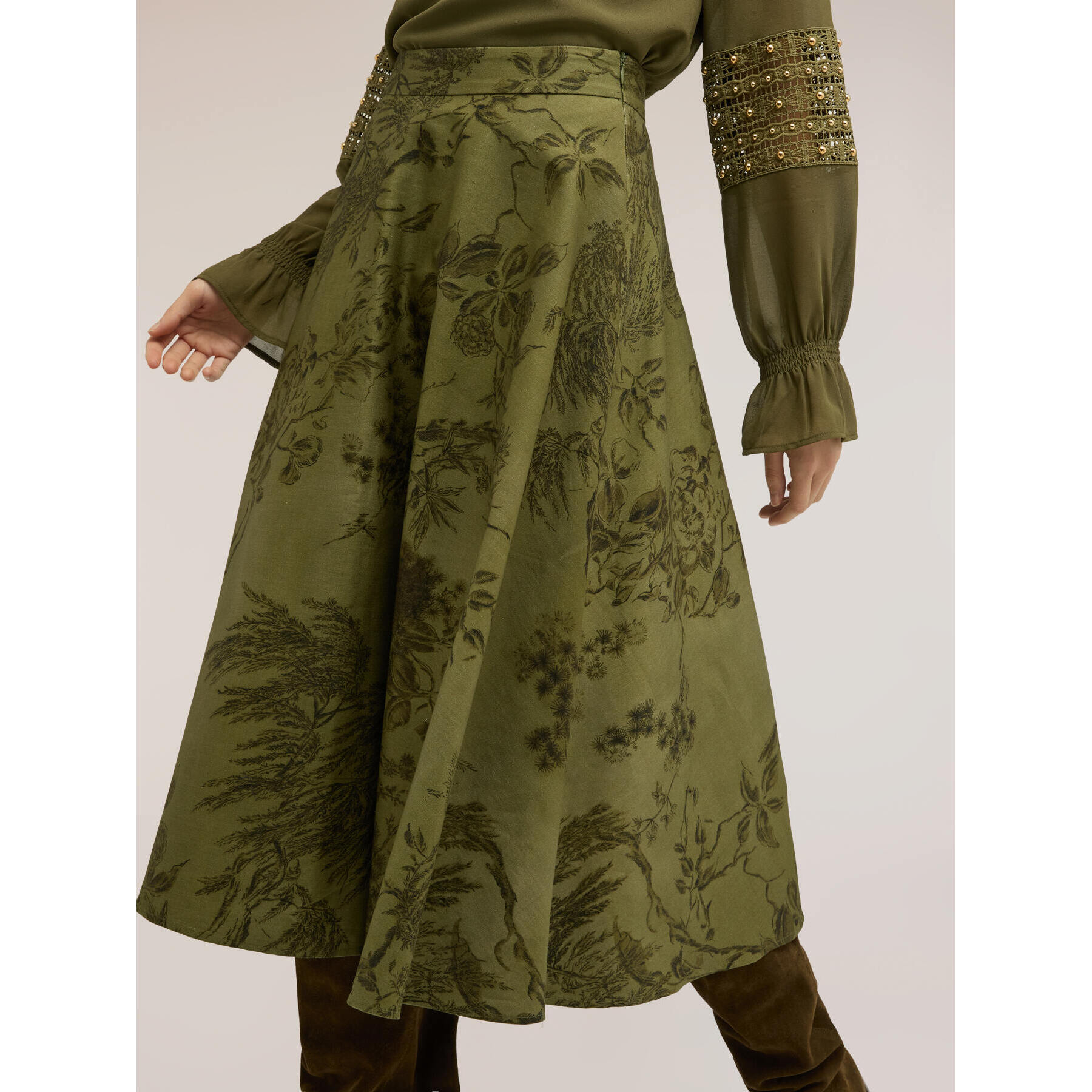 Motivi - Gonna midi a ruota con fantasia botanica - Verde militare