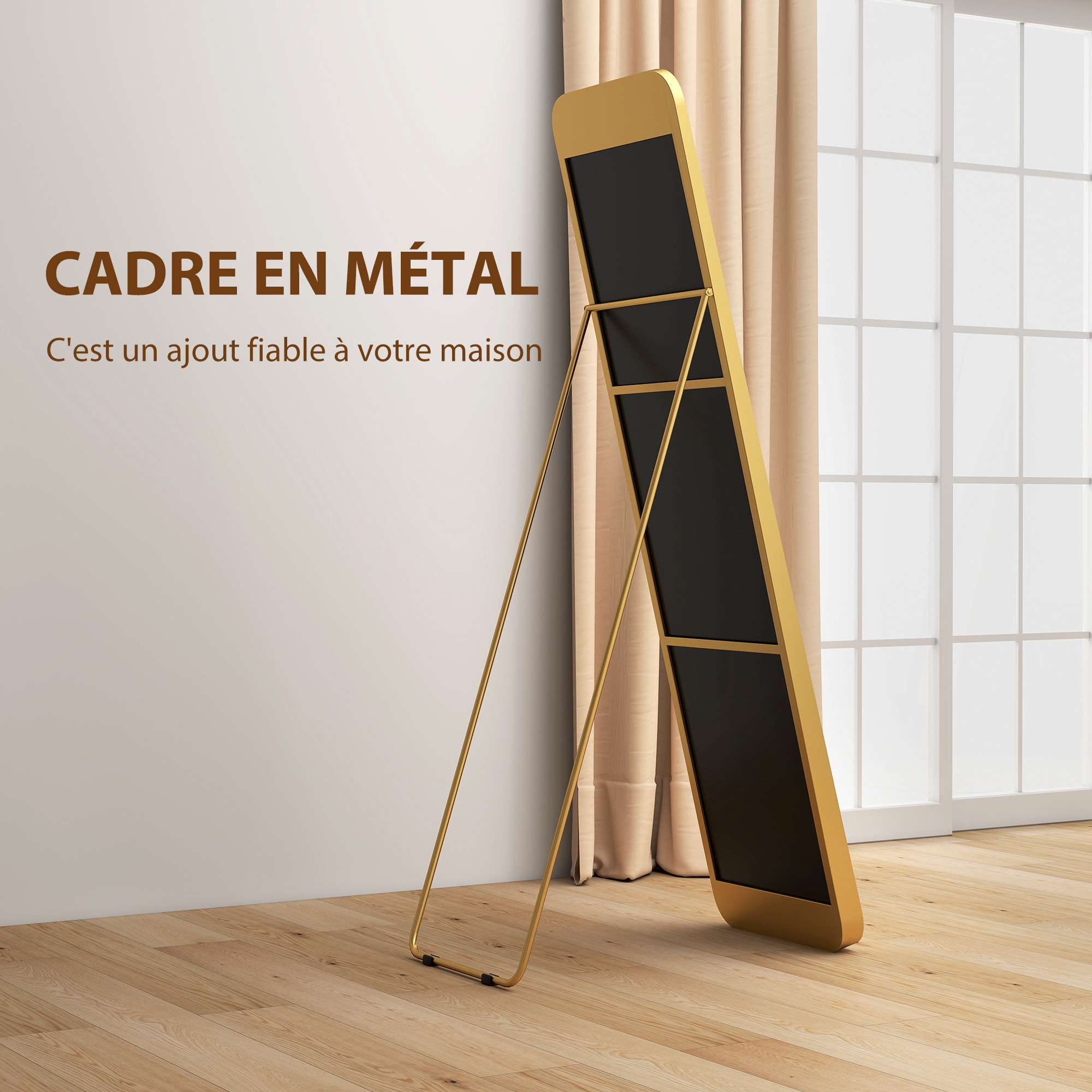 Miroir sur pied design métal doré dim. 40 x 160 cm autoportant ou à adosser