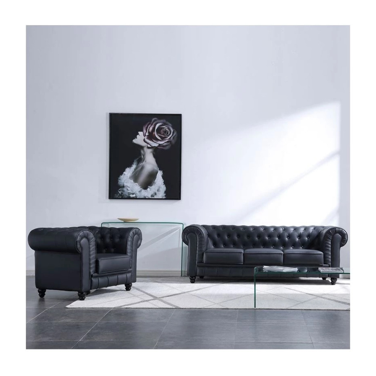 Sofá Chester 3 plazas símil piel Negro