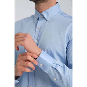 camicia uomo 1 bottone button down slim Satin Unito Celeste