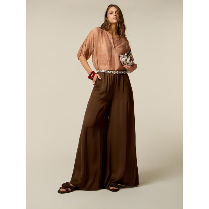 Oltre - Pantalones palazzo en raso de viscosa - Marrón