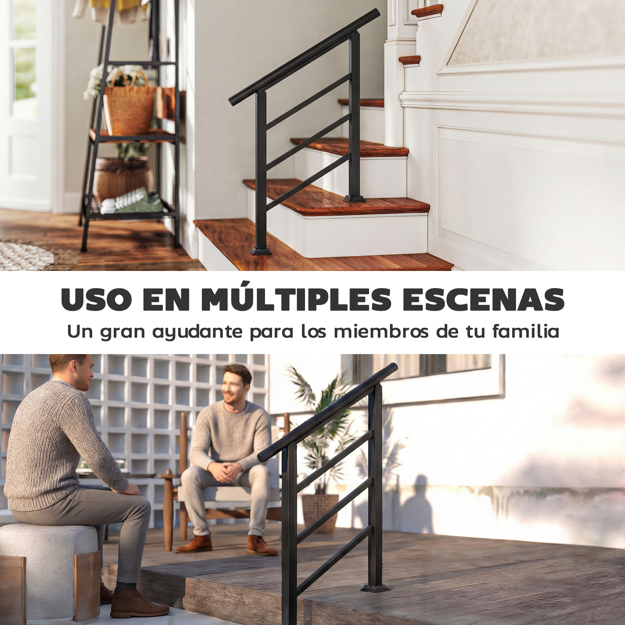 Barandilla de Escalera, 95 cm, Pasamanos para Escalera con Kit de Instalación, Ángulo Ajustable para 1-3 Escalones, para Porches, Madera y Concreto, para Exterior, Terraza, Patio, Negro