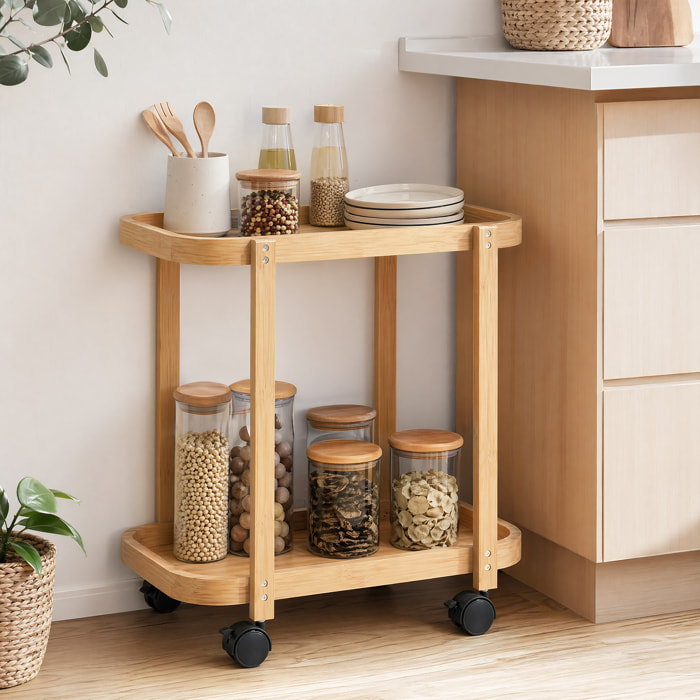 Carrito de Cocina de Bambú de 2 Niveles, Carrito Auxiliar de Cocina con Ruedas, 2 Estantes Abiertos, Diseño Curvo, para Comedor, 54x36,5x60 cm, Natural