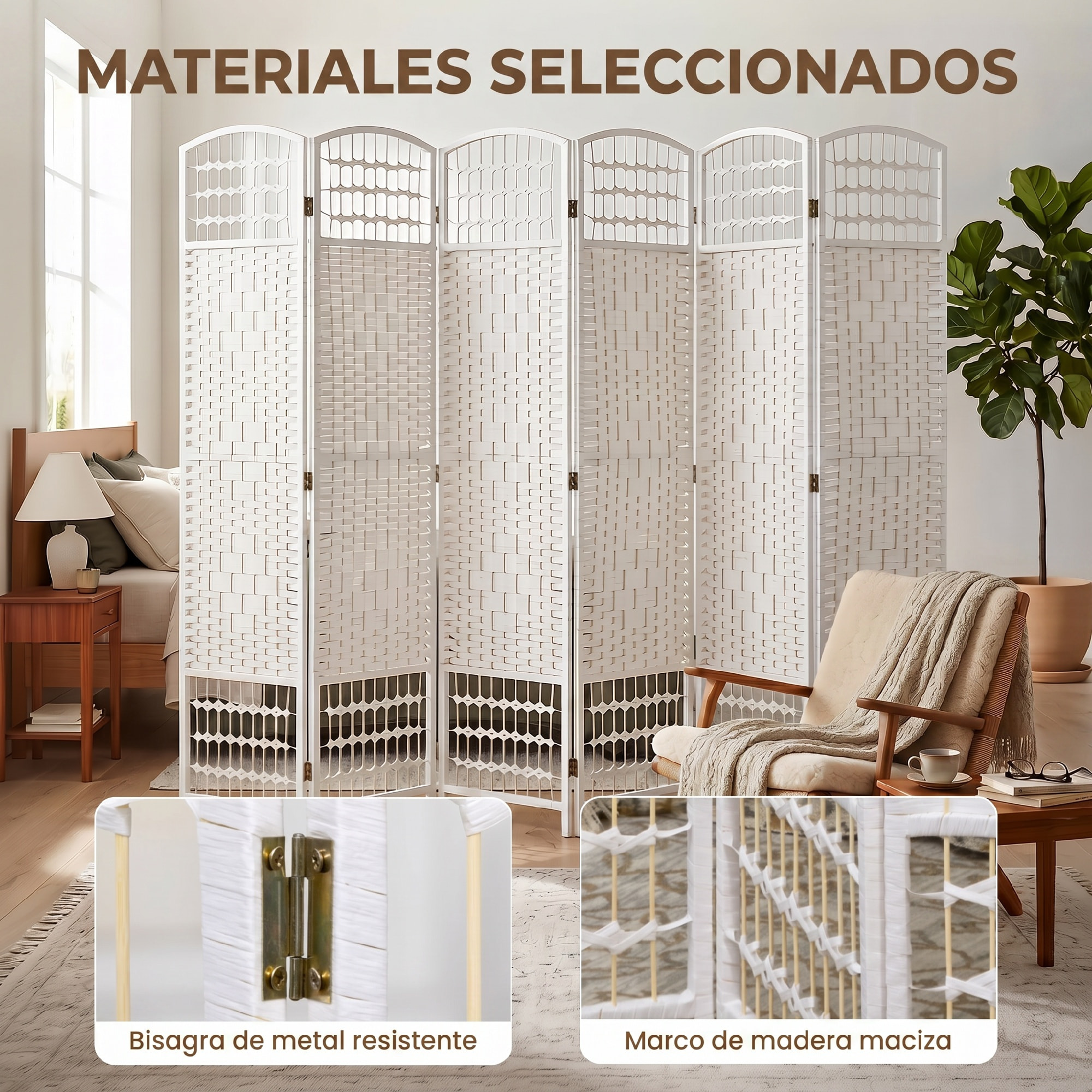 HOMCOM Biombo Plegable de 6 Paneles, 240x170 cm, Biombo Separador de Ambientes de Cuerda de Papel, Marco de Madera, Decoración para Dormitorio, Salón, Blanco