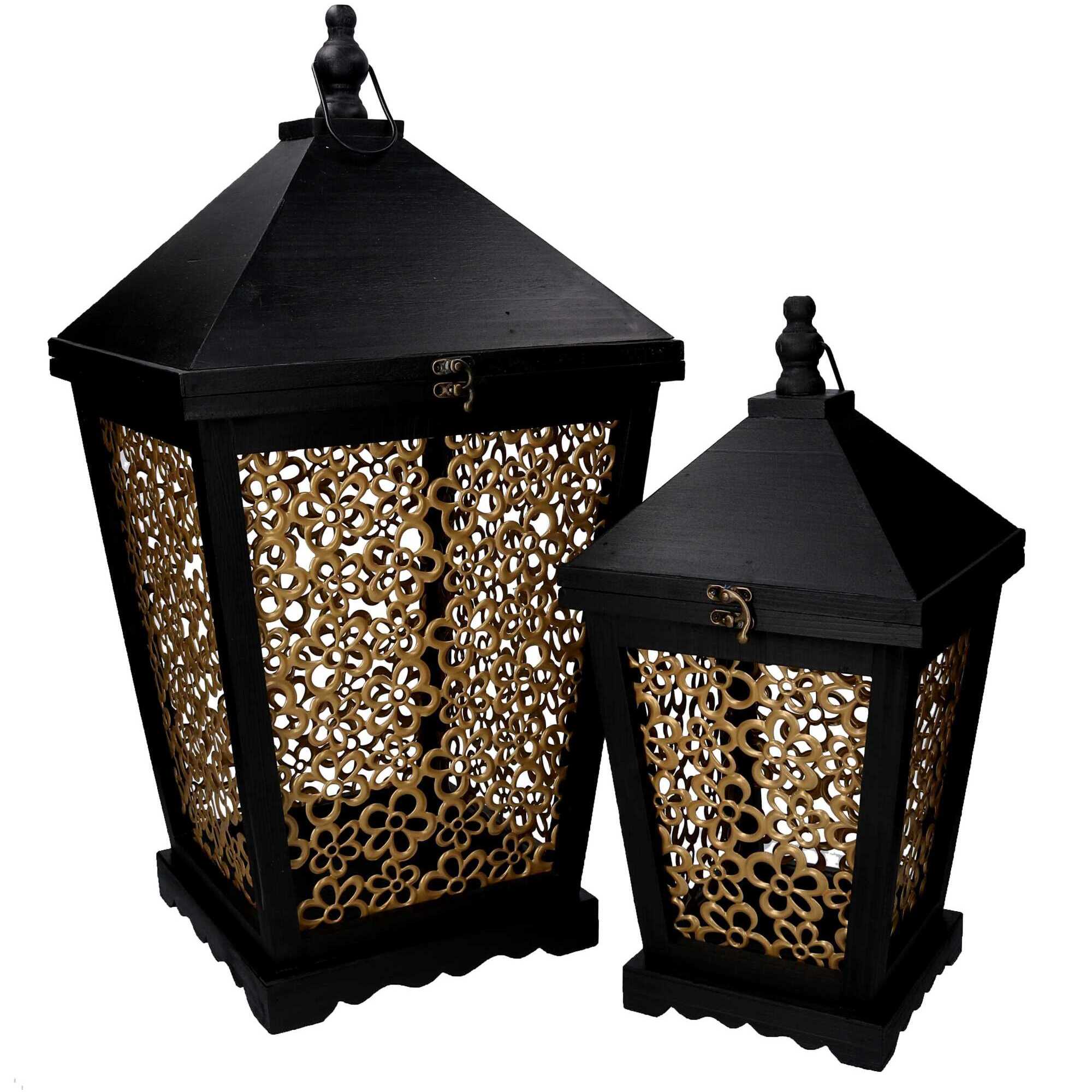 Set di 2 lanterne in legno a fiori oro e nero
