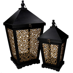 Set di 2 lanterne in legno a fiori oro e nero