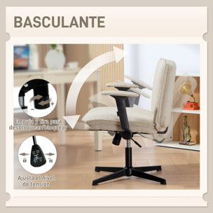 Silla de Oficina Piernas Cruzadas, Silla de Escritorio con Reposabrazos Abatible, Asiento Ancho, sin Ruedas, Altura Ajustable, Giratoria, Función Basculante, Tapizada en Lino, Crema