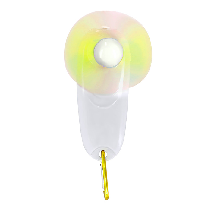 Ventilatore portatile con torcia LED integrata e moschettone per il trasporto.