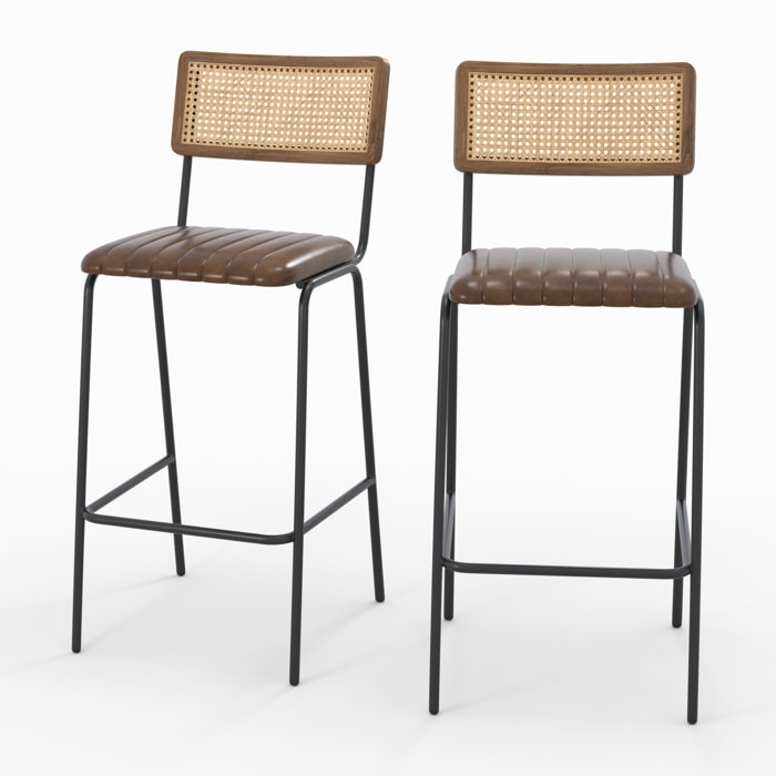 Lot de 2 chaises de bar 76 cm en cannage et cuir marron - Arsène