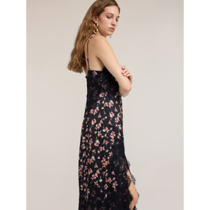 Motivi - Vestido de georgette con estampado floral y encaje - Negro