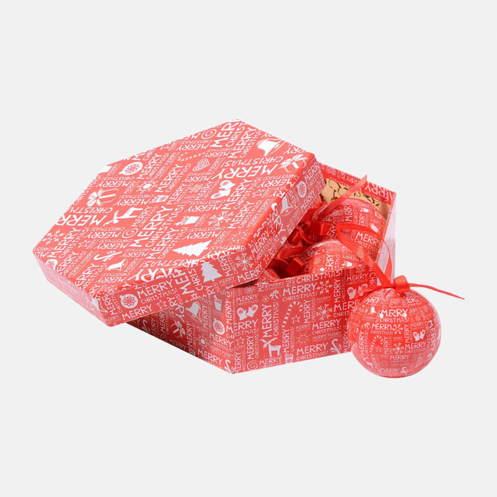 Box 7 sfere natalizie, Fantasia scritte, Set assortimento palline di Natale, Scatola set albero di Natale ,Diametro 7,5 cm, Rosso e Bianco