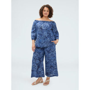 Fiorella Rubino - Pantaloni cropped in chambray con stampa - Blu