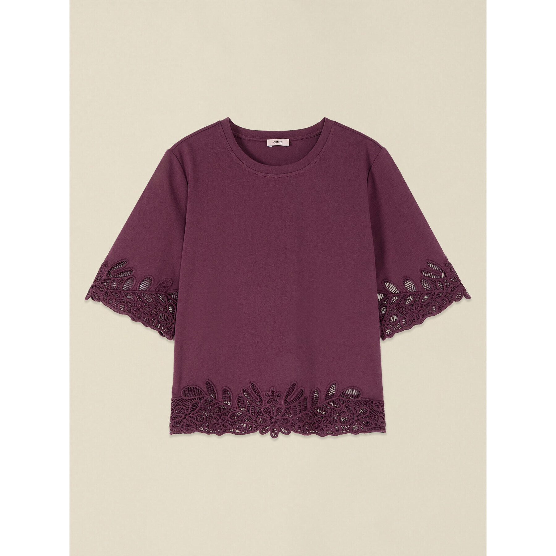 Oltre - T-shirt in cotone con dettagli in macramé - Viola