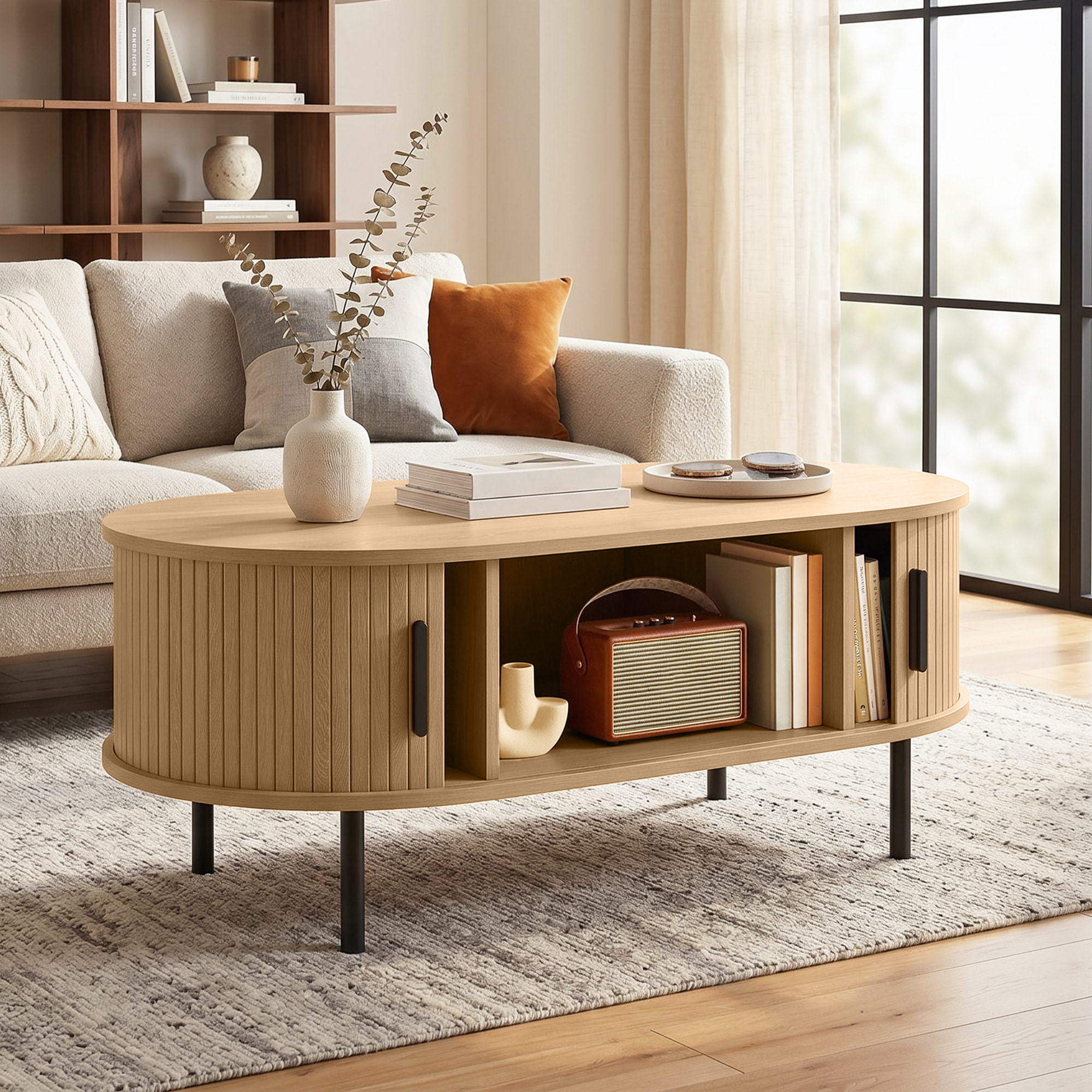 Mesa de Centro con Puertas de Tambor Deslizantes, Mesa de Café Ovalada para Salón con Almacenamiento Oculto y Patas de Metal, Moderno de Mediados de Siglo, 100x55x40 cm, Madera Natural