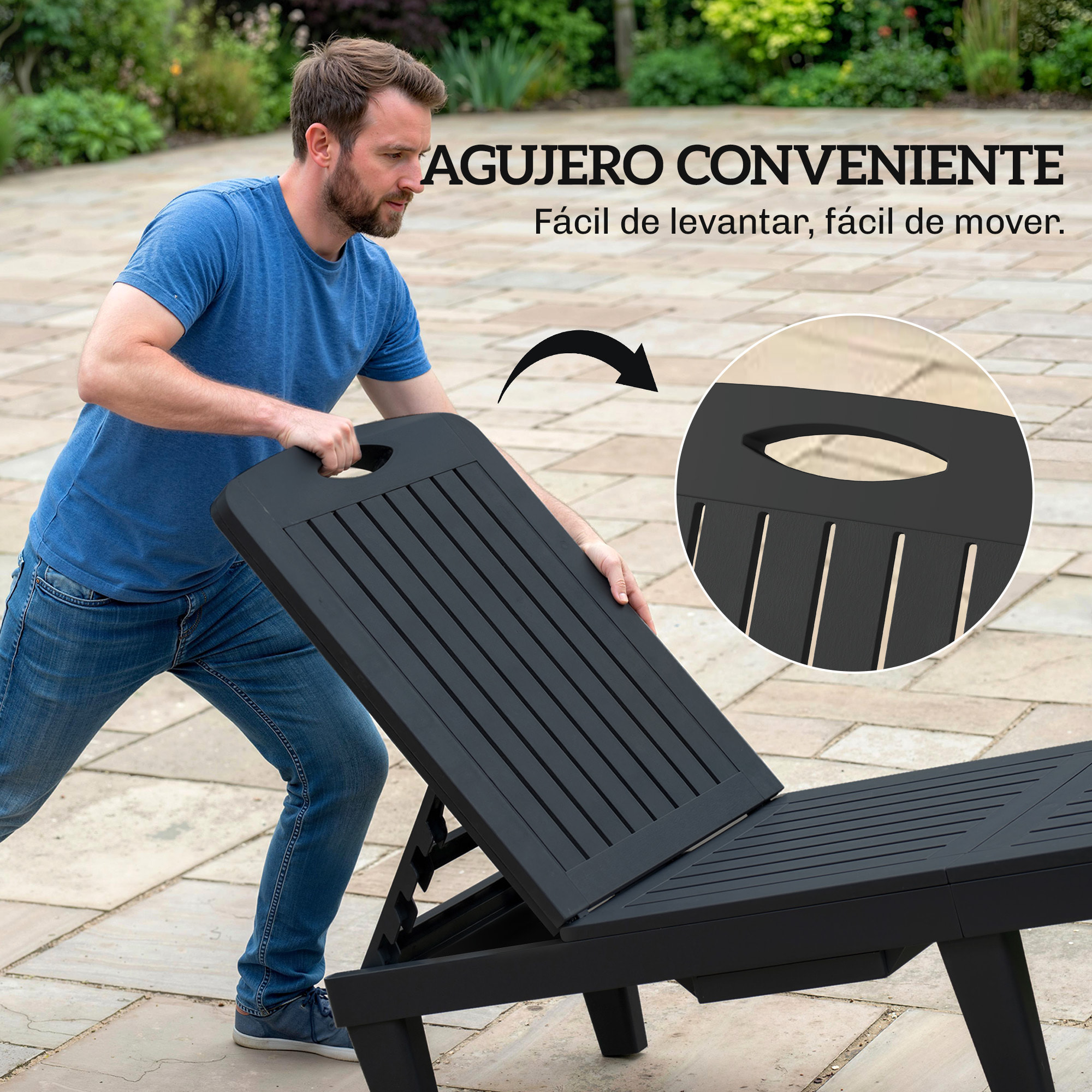Pack de 2 Tumbonas de Jardín Exterior, Tumbonas Reclinables de Plástico PP con Bandeja Lateral, Respaldo Ajustable de 5 Niveles, Resistentes a la Intemperie, para Playa, Piscina, Negro