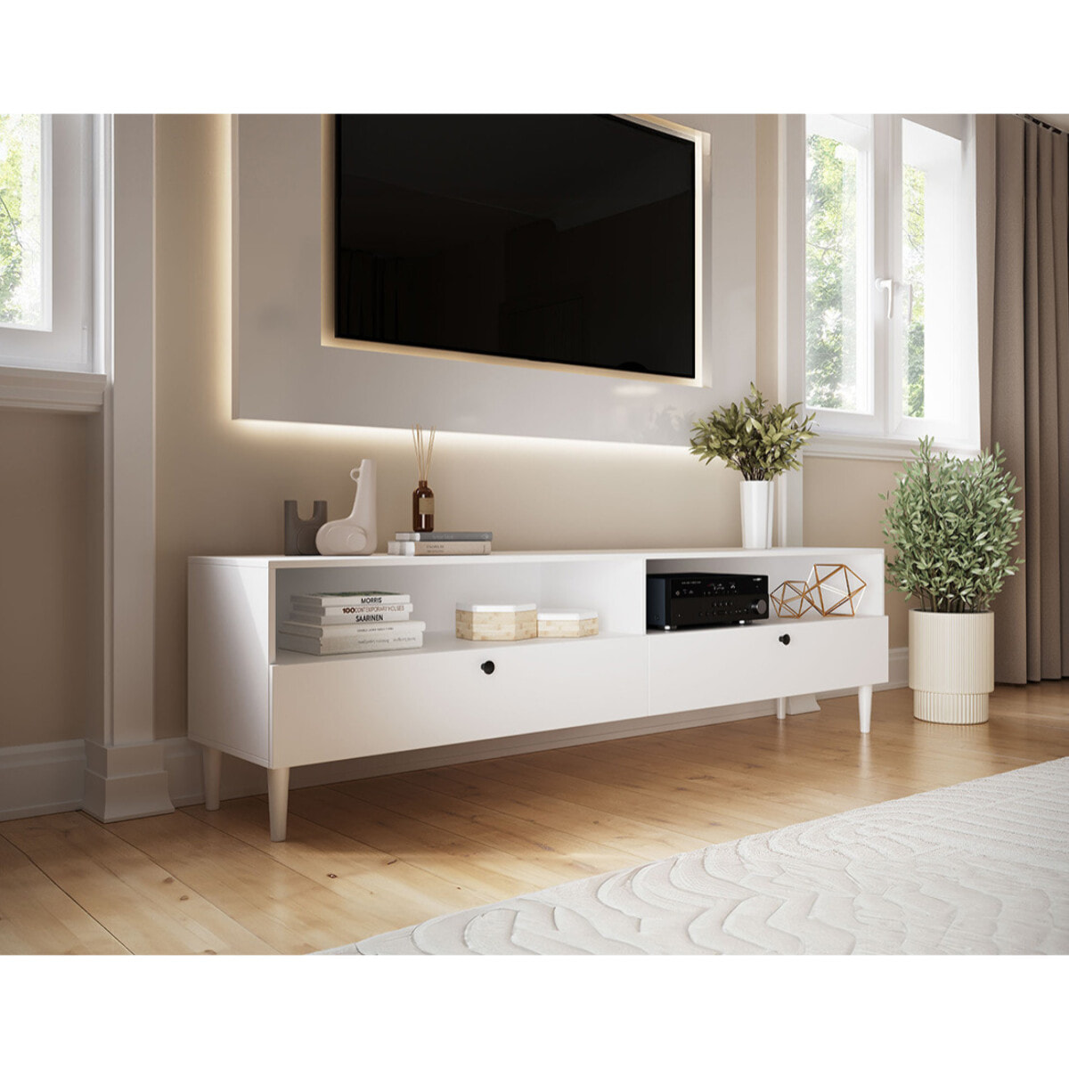 Gaby - meuble tv - blanc - 2 tiroirs et 2 niches - 200 cm - Blanc