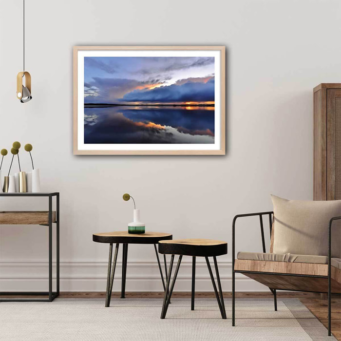 Affiche photo bleue reflets d'eau Affiche + cadre en bois - Chêne