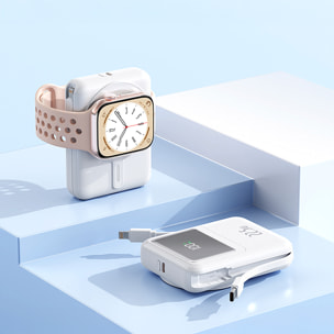 Powerbank 10.000mAh con ricarica rapida PD22,5W e ricarica wireless da 15W. Cavi USB-C e Lightning integrati. Schermo LED di carica.