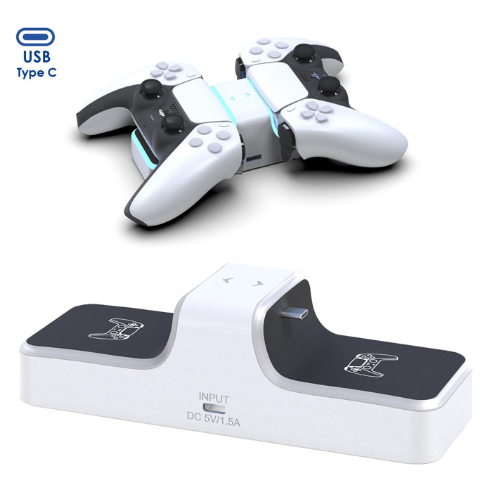 Doppio caricatore per 2 controller PS5. Include uscita di ricarica USB.