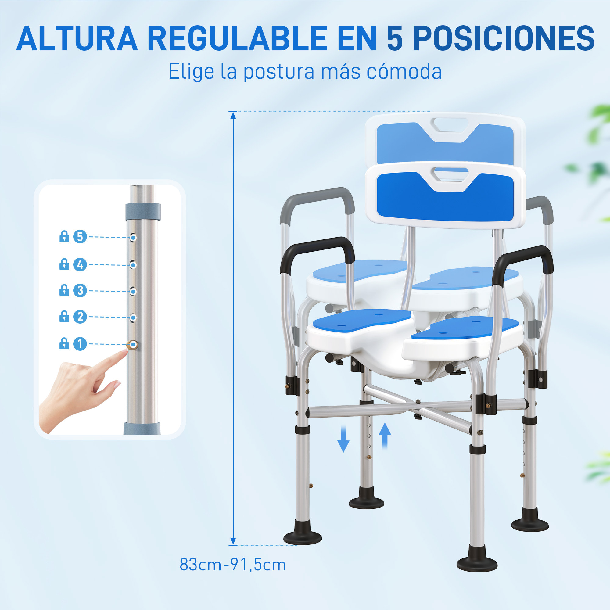 Silla Ducha Personas Mayores Silla de Ducha con Asiento Ranurado Altura Regulable Taburete de Ducha Antideslizante con Respaldo y Reposabrazos Carga 136 kg para Discapacitados Azul